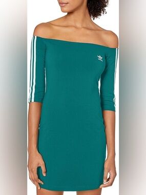 adidas originals green Off-Shoulder 3-Stripe bodycon mini dress